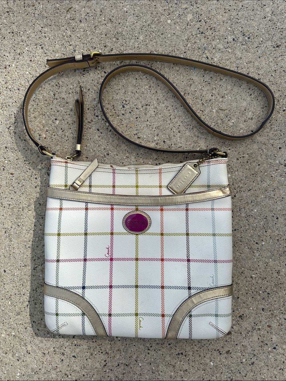 Coach White Multicolor Plaid Crossbody with Gold Accents